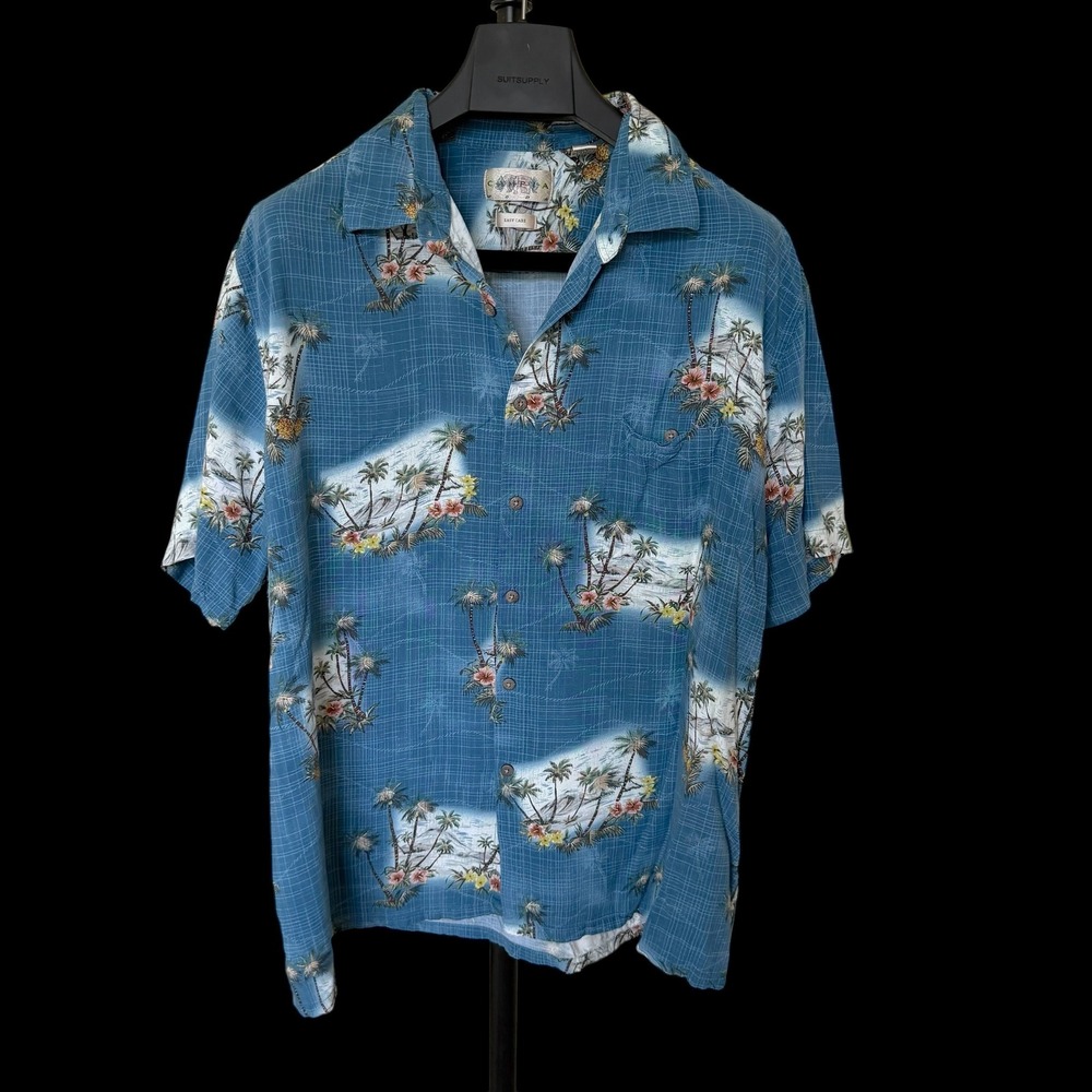 80'Campia Moda XXL Blue Tropical Palm Tree Pineapple Rayon Button Up Shirt